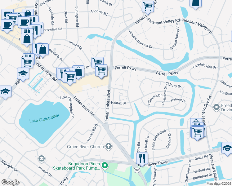 map of restaurants, bars, coffee shops, grocery stores, and more near 1401 Olivewood Court in Virginia Beach