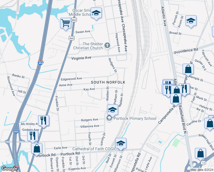 map of restaurants, bars, coffee shops, grocery stores, and more near 3008 Walden Street in Chesapeake