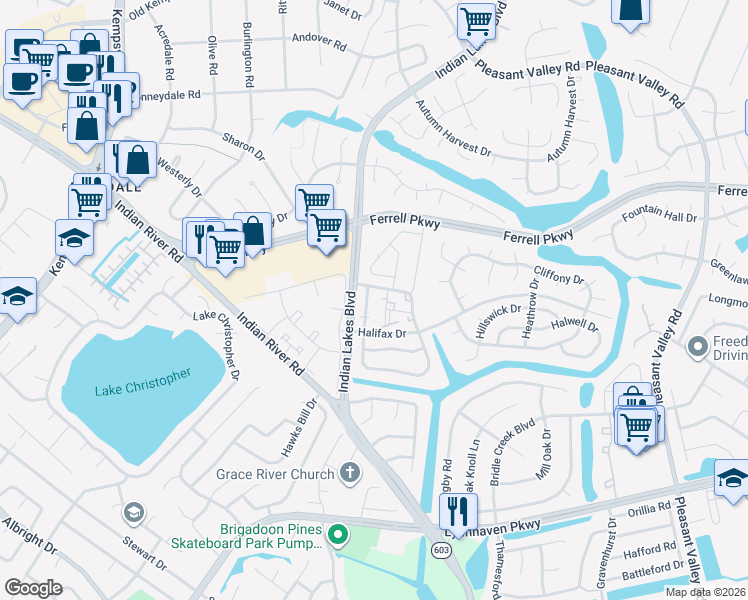 map of restaurants, bars, coffee shops, grocery stores, and more near 1401 Olivewood Court in Virginia Beach
