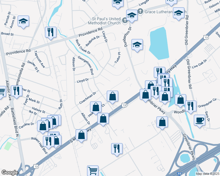 map of restaurants, bars, coffee shops, grocery stores, and more near 2105 Cherryhill Lane in Chesapeake