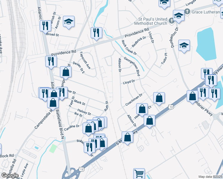 map of restaurants, bars, coffee shops, grocery stores, and more near 2134 Holly Berry Lane in Chesapeake
