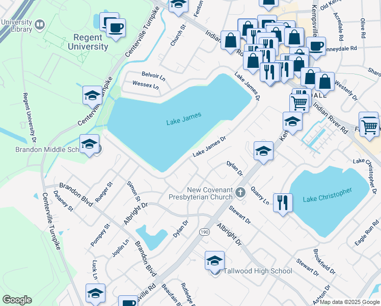 map of restaurants, bars, coffee shops, grocery stores, and more near 1457 Lake James Drive in Virginia Beach