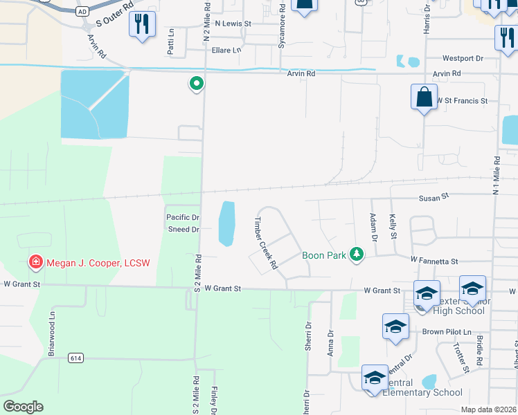 map of restaurants, bars, coffee shops, grocery stores, and more near 1405 Central Street in Dexter