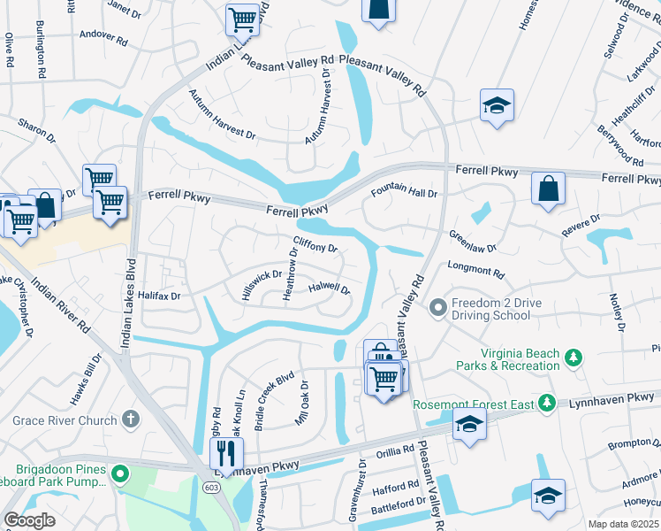 map of restaurants, bars, coffee shops, grocery stores, and more near 5008 Cliffony Drive in Virginia Beach
