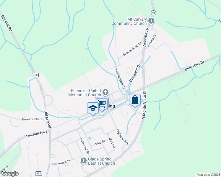 map of restaurants, bars, coffee shops, grocery stores, and more near 314-328 Popular Street in Glade Spring