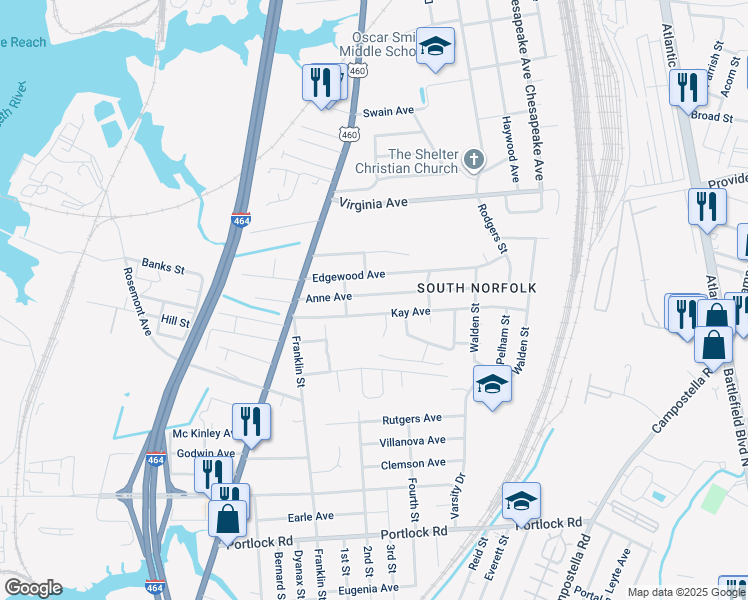map of restaurants, bars, coffee shops, grocery stores, and more near 1210 Anne Avenue in Chesapeake