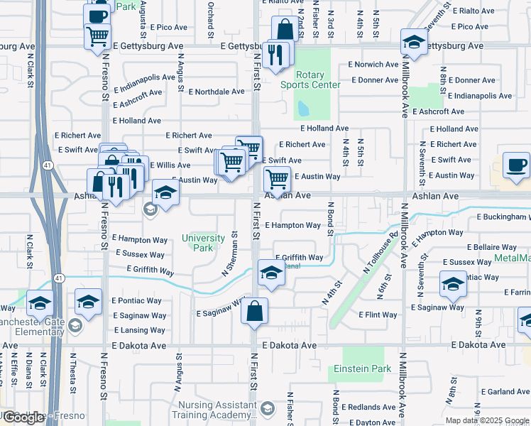map of restaurants, bars, coffee shops, grocery stores, and more near in Fresno