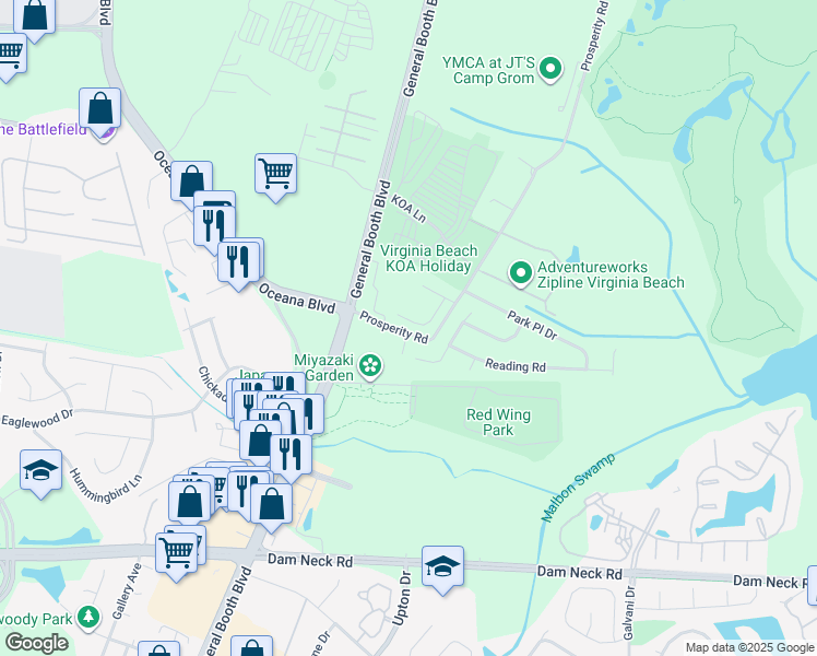 map of restaurants, bars, coffee shops, grocery stores, and more near 914 Prosperity Road in Virginia Beach