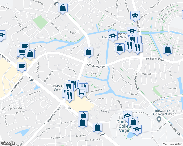 map of restaurants, bars, coffee shops, grocery stores, and more near Fairfax Drive in Virginia Beach
