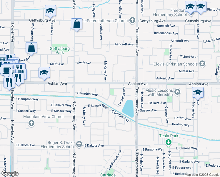 map of restaurants, bars, coffee shops, grocery stores, and more near 1536 Buckingham Way in Clovis