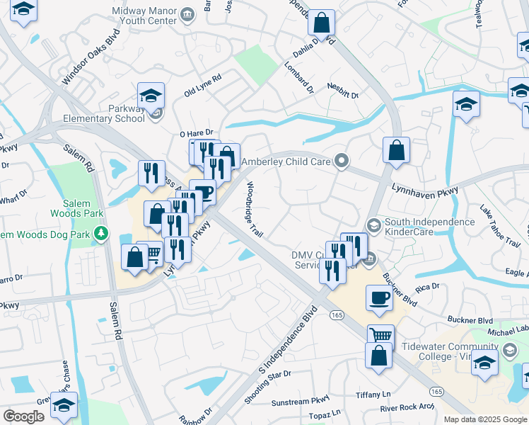 map of restaurants, bars, coffee shops, grocery stores, and more near 1421 Brookwood Place in Virginia Beach