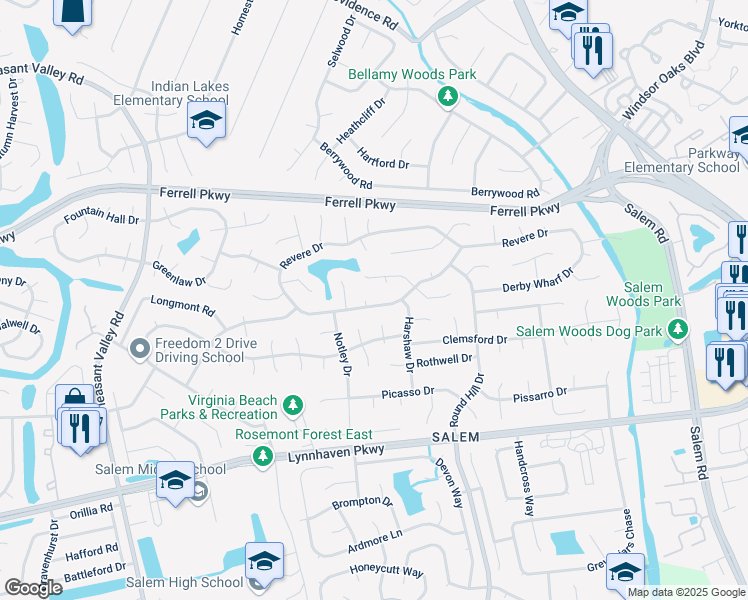 map of restaurants, bars, coffee shops, grocery stores, and more near 4669 Revere Drive in Virginia Beach
