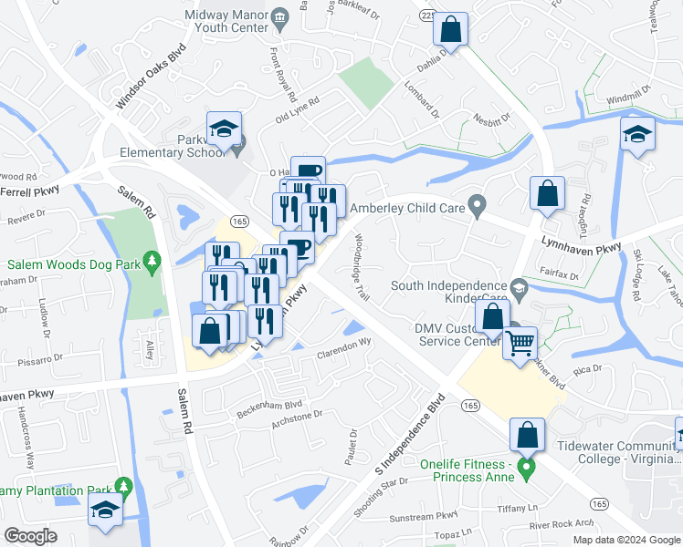 map of restaurants, bars, coffee shops, grocery stores, and more near 1521 Brookwood Crescent in Virginia Beach