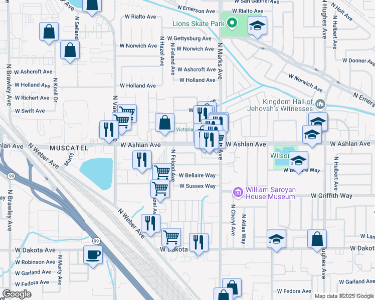 map of restaurants, bars, coffee shops, grocery stores, and more near 3126 West Buckingham Way in Fresno