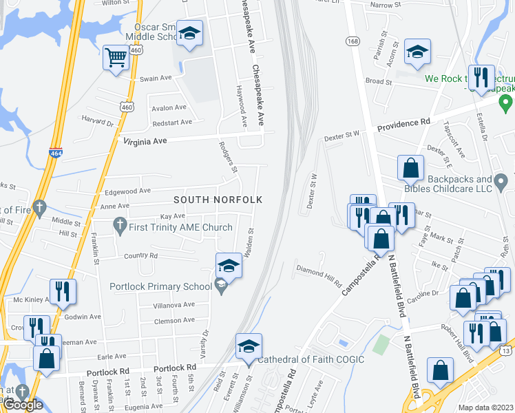 map of restaurants, bars, coffee shops, grocery stores, and more near 2901 Southport Avenue in Chesapeake