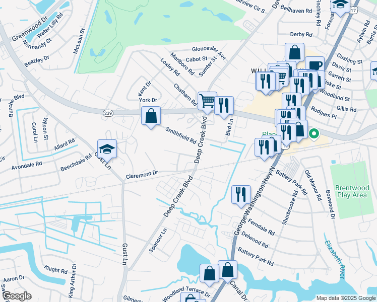 map of restaurants, bars, coffee shops, grocery stores, and more near 14 Holly Hill Lane in Portsmouth
