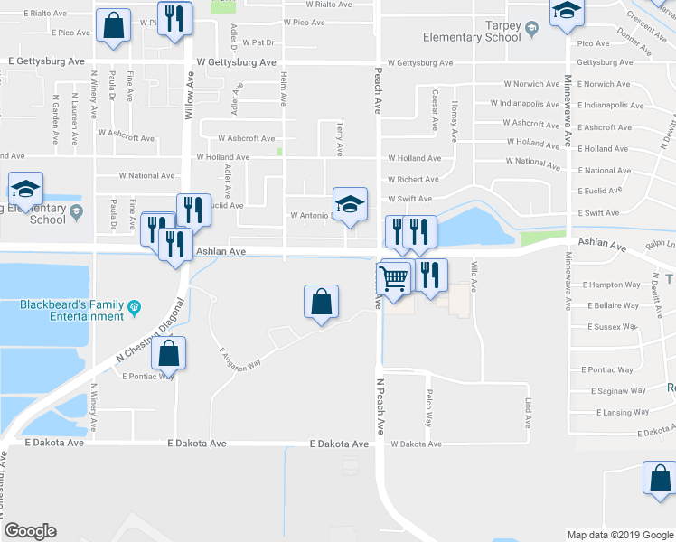 map of restaurants, bars, coffee shops, grocery stores, and more near 5164 East Ashlan Avenue in Fresno