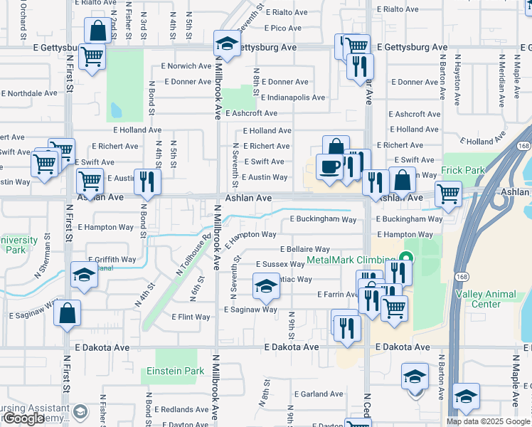 map of restaurants, bars, coffee shops, grocery stores, and more near 3862 East Ashlan Avenue in Fresno