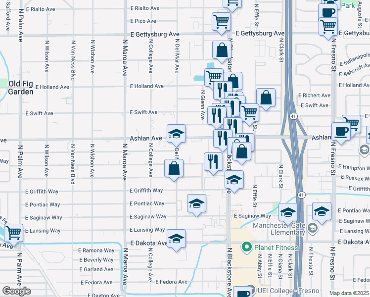 map of restaurants, bars, coffee shops, grocery stores, and more near 4122 North Del Mar Avenue in Fresno