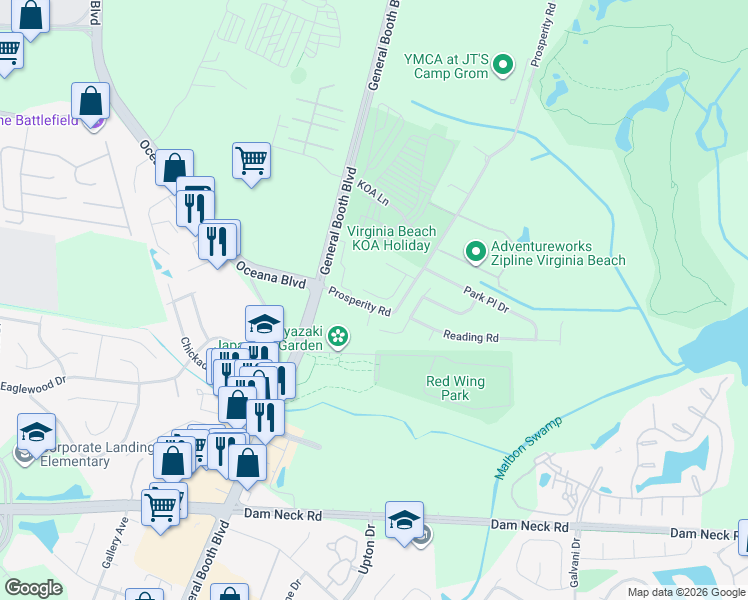 map of restaurants, bars, coffee shops, grocery stores, and more near 914 Prosperity Road in Virginia Beach