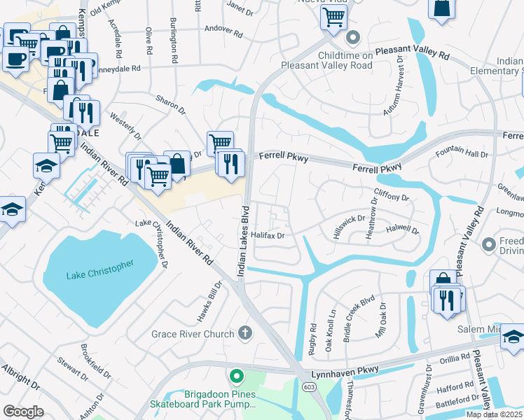 map of restaurants, bars, coffee shops, grocery stores, and more near 1401 Olivewood Court in Virginia Beach