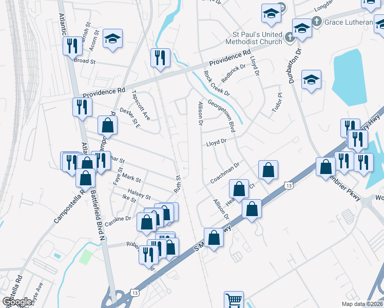 map of restaurants, bars, coffee shops, grocery stores, and more near 2134 Holly Berry Lane in Chesapeake