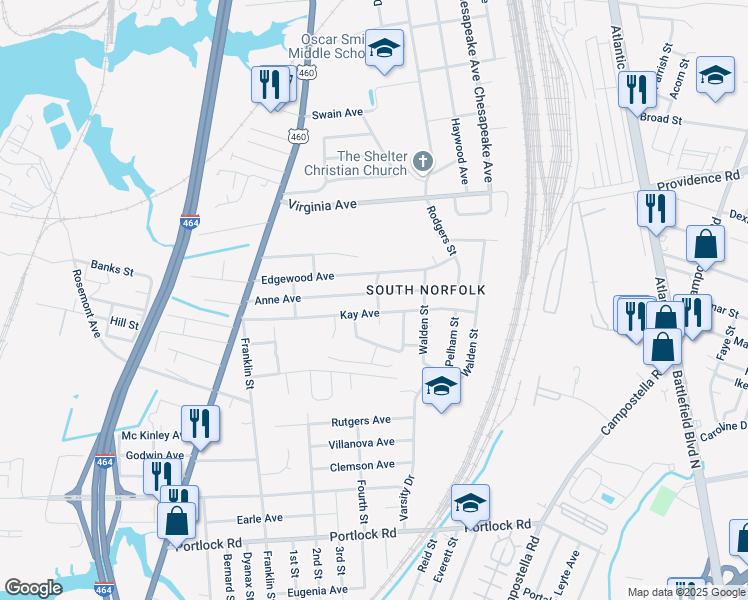 map of restaurants, bars, coffee shops, grocery stores, and more near 1236 Anne Avenue in Chesapeake