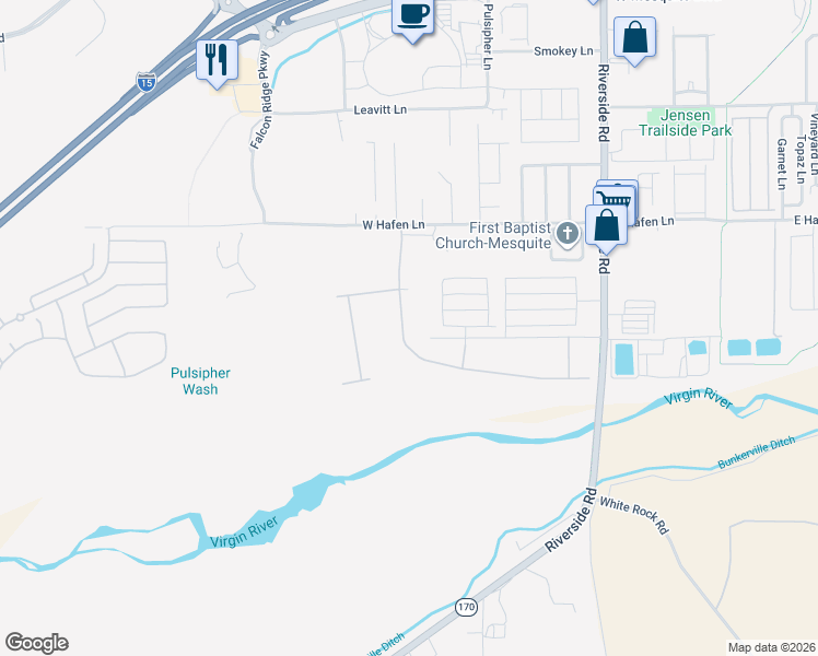 map of restaurants, bars, coffee shops, grocery stores, and more near 580 Hagens Alley in Mesquite