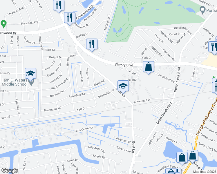 map of restaurants, bars, coffee shops, grocery stores, and more near 204 Avondale Road in Portsmouth