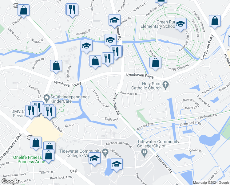 map of restaurants, bars, coffee shops, grocery stores, and more near 1506 Garland Way in Virginia Beach