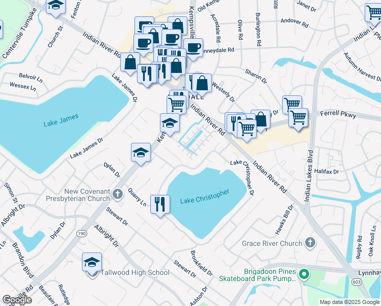 map of restaurants, bars, coffee shops, grocery stores, and more near 5241 Spring Cove Way in Virginia Beach