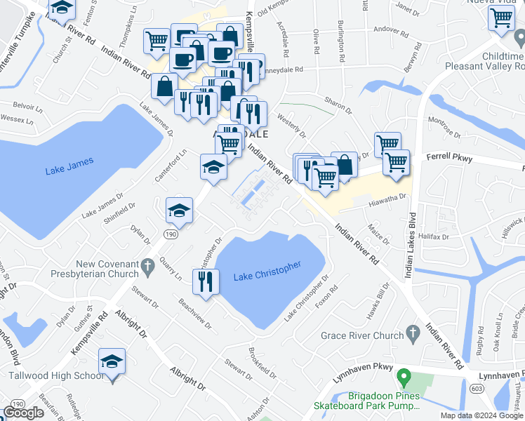 map of restaurants, bars, coffee shops, grocery stores, and more near 1580 Coolspring Way in Virginia Beach