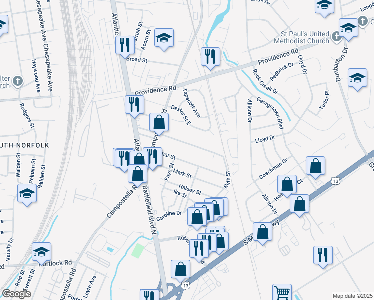 map of restaurants, bars, coffee shops, grocery stores, and more near 2618 Hemple Street in Chesapeake