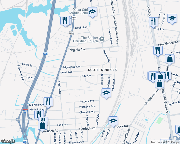 map of restaurants, bars, coffee shops, grocery stores, and more near 1236 Anne Avenue in Chesapeake
