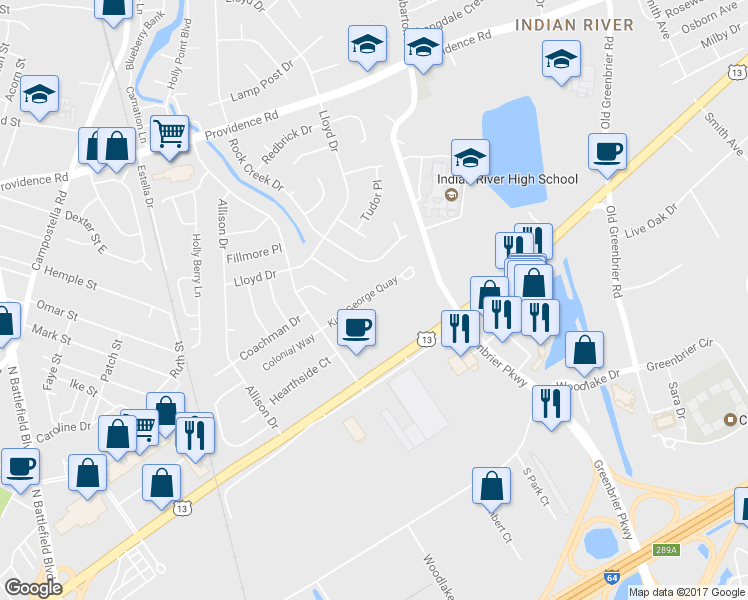 map of restaurants, bars, coffee shops, grocery stores, and more near 55 King George Quay in Chesapeake