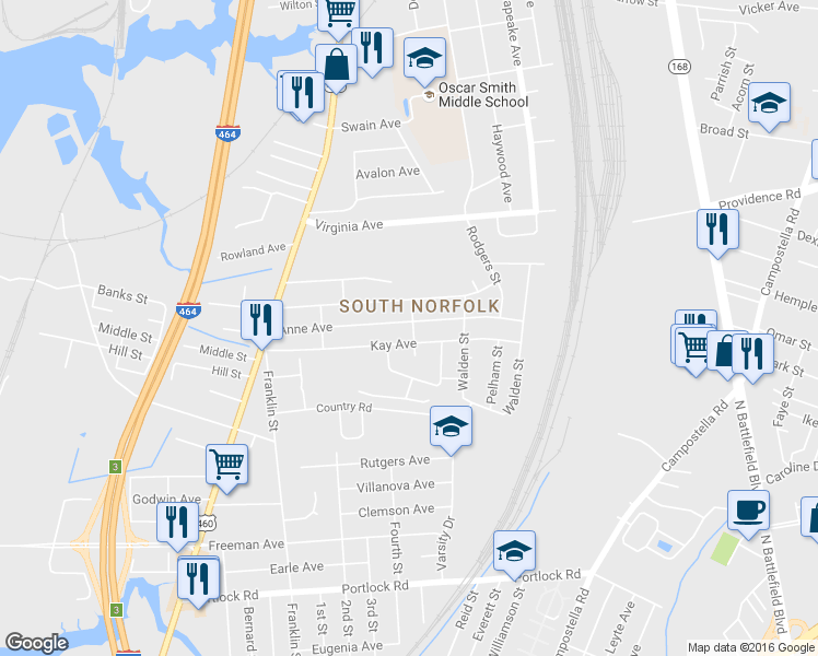 map of restaurants, bars, coffee shops, grocery stores, and more near 1236 Anne Avenue in Chesapeake