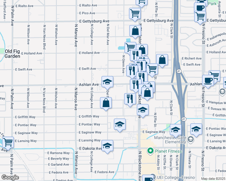 map of restaurants, bars, coffee shops, grocery stores, and more near 4122 North Del Mar Avenue in Fresno