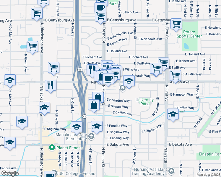 map of restaurants, bars, coffee shops, grocery stores, and more near in Fresno