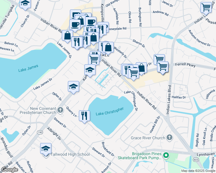map of restaurants, bars, coffee shops, grocery stores, and more near 1580 Coolspring Way in Virginia Beach