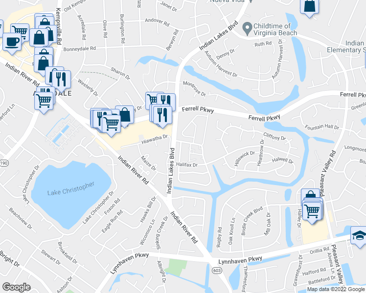 map of restaurants, bars, coffee shops, grocery stores, and more near 1416 Deerpond Lane in Virginia Beach