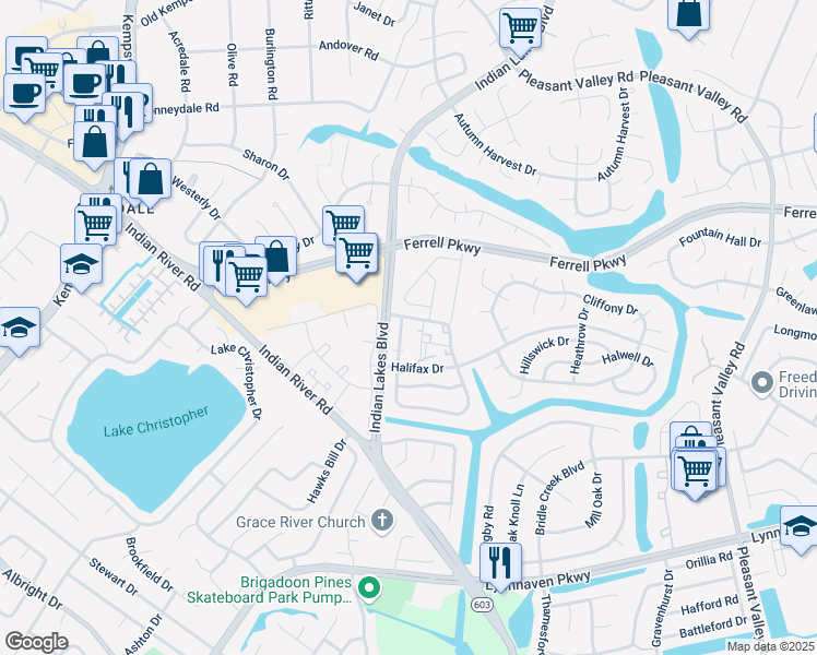 map of restaurants, bars, coffee shops, grocery stores, and more near 1401 Olivewood Court in Virginia Beach