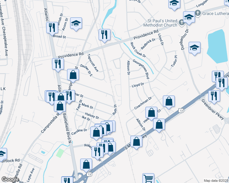 map of restaurants, bars, coffee shops, grocery stores, and more near 2310 Tawnyberry Lane in Chesapeake
