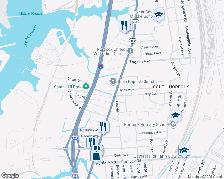 map of restaurants, bars, coffee shops, grocery stores, and more near 1005 Mayfield Avenue in Chesapeake