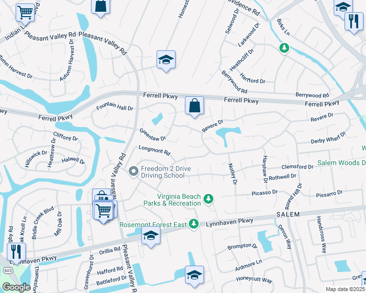 map of restaurants, bars, coffee shops, grocery stores, and more near 1521 Colbeck Ct in Virginia Beach