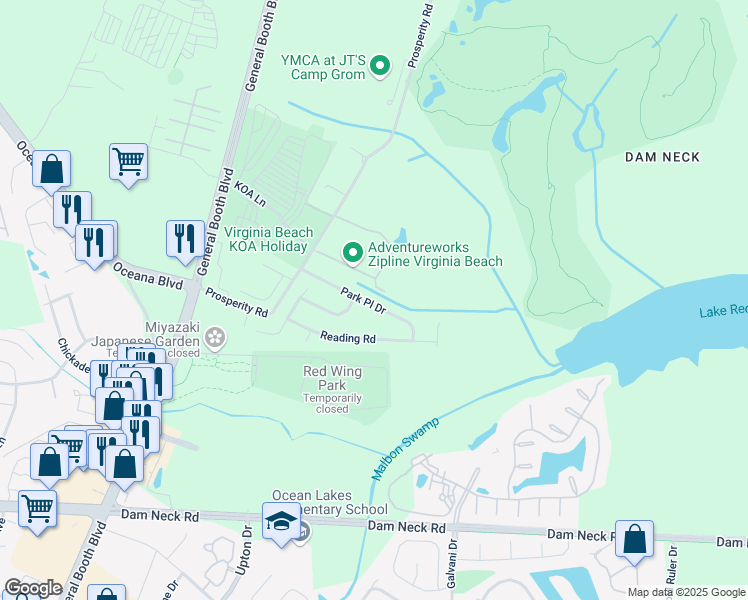 map of restaurants, bars, coffee shops, grocery stores, and more near 854 Park Place Drive in Virginia Beach