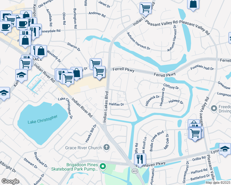 map of restaurants, bars, coffee shops, grocery stores, and more near 1409 Olivewood Court in Virginia Beach
