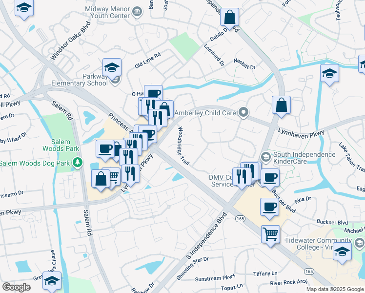 map of restaurants, bars, coffee shops, grocery stores, and more near 1317 Woodbridge Trail in Virginia Beach
