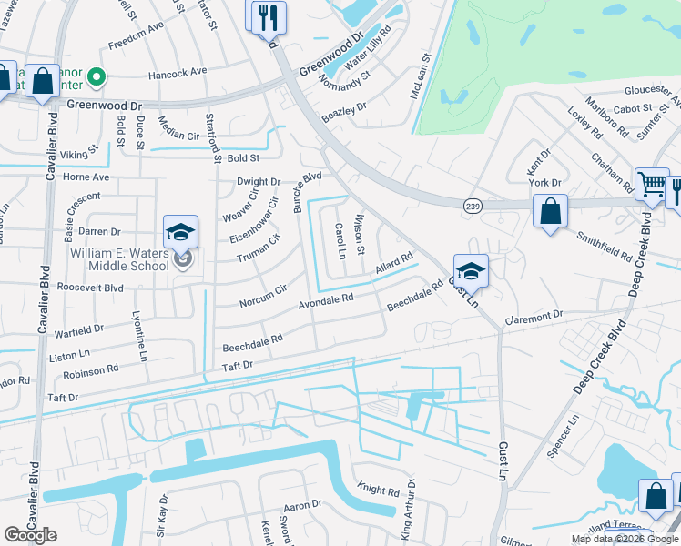map of restaurants, bars, coffee shops, grocery stores, and more near 133 Allard Road in Portsmouth