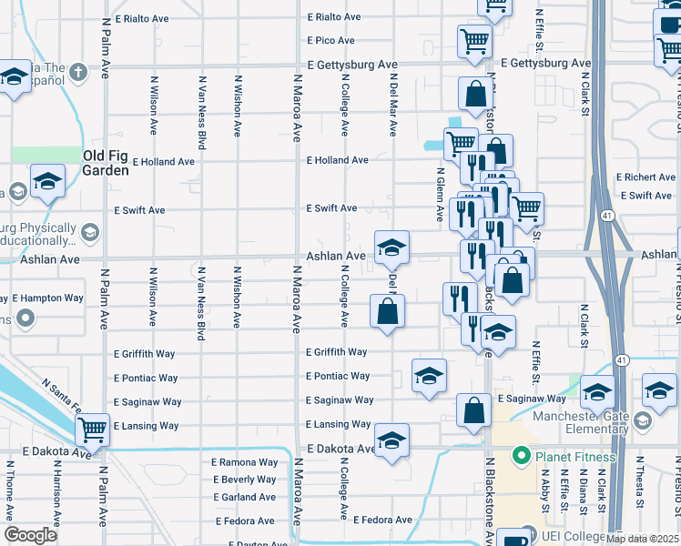 map of restaurants, bars, coffee shops, grocery stores, and more near 1049 East Buckingham Way in Fresno