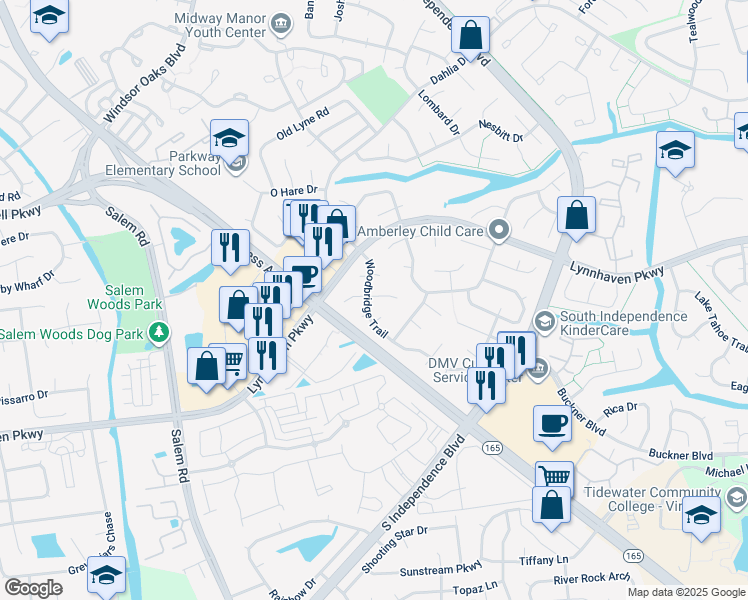 map of restaurants, bars, coffee shops, grocery stores, and more near 1317 Woodbridge Trail in Virginia Beach